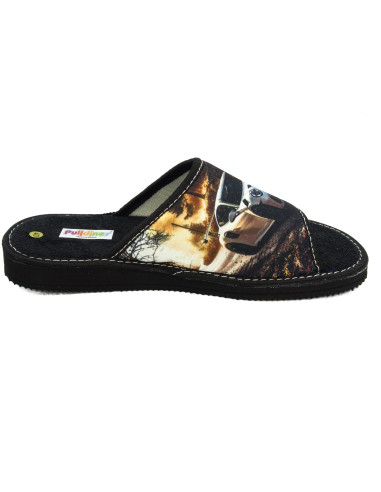 P71 9 zapatilla de casa negra para chico de toalla con la puntera abierta