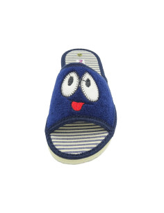 zapatilla de casa para chica con los ojos bordados y planta de rayas 2