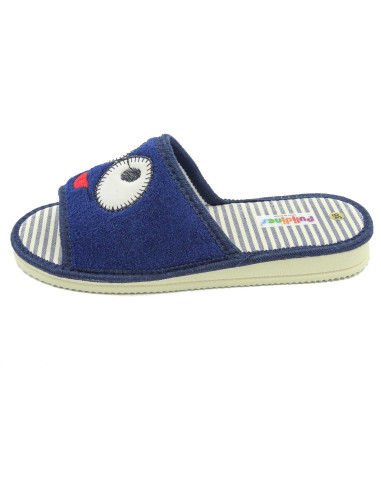 zapatilla de casa para chica con los ojos bordados y planta de rayas