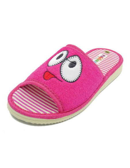 zapatilla de casa para chica con los ojos bordados y planta de rayas