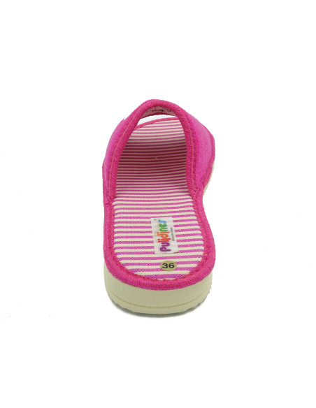 zapatilla de casa para chica con los ojos bordados y planta de rayas