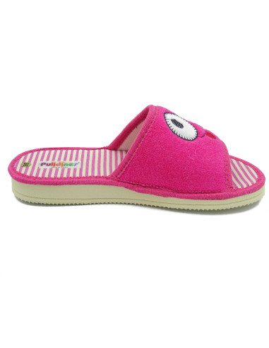 zapatilla de casa para chica con los ojos bordados y planta de rayas
