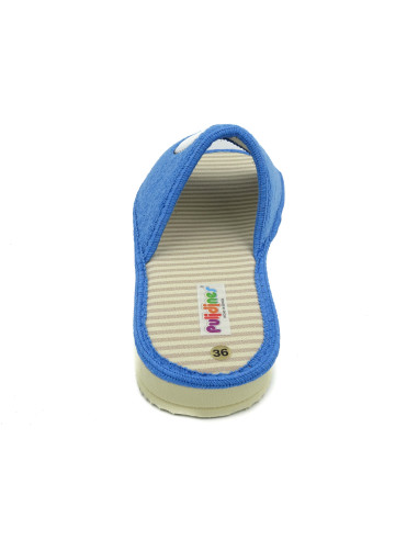zapatilla de casa para chica con los ojos bordados y planta de rayas