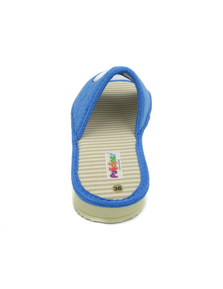 zapatilla de casa para chica con los ojos bordados y planta de rayas