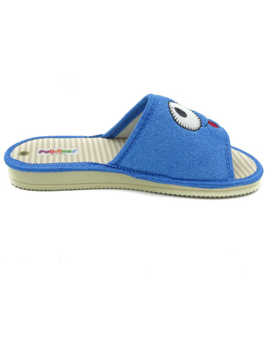 zapatilla de casa para chica con los ojos bordados y planta de rayas